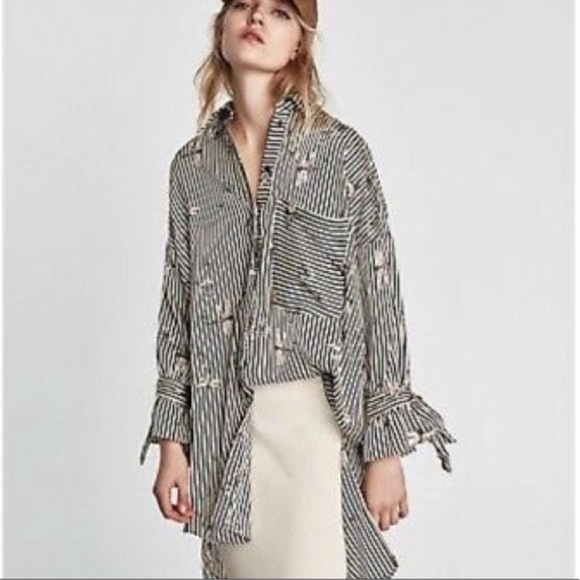 Zara Dragonfly Striped Long Oversized Fit Button Up Blouse Top Gray - Picture 4 of 12